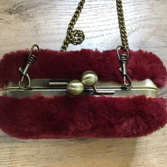 FAUX Fur Purse Cross Body Brass Chain Metal Box Frame Burgundy Red - Picture 5 of 11